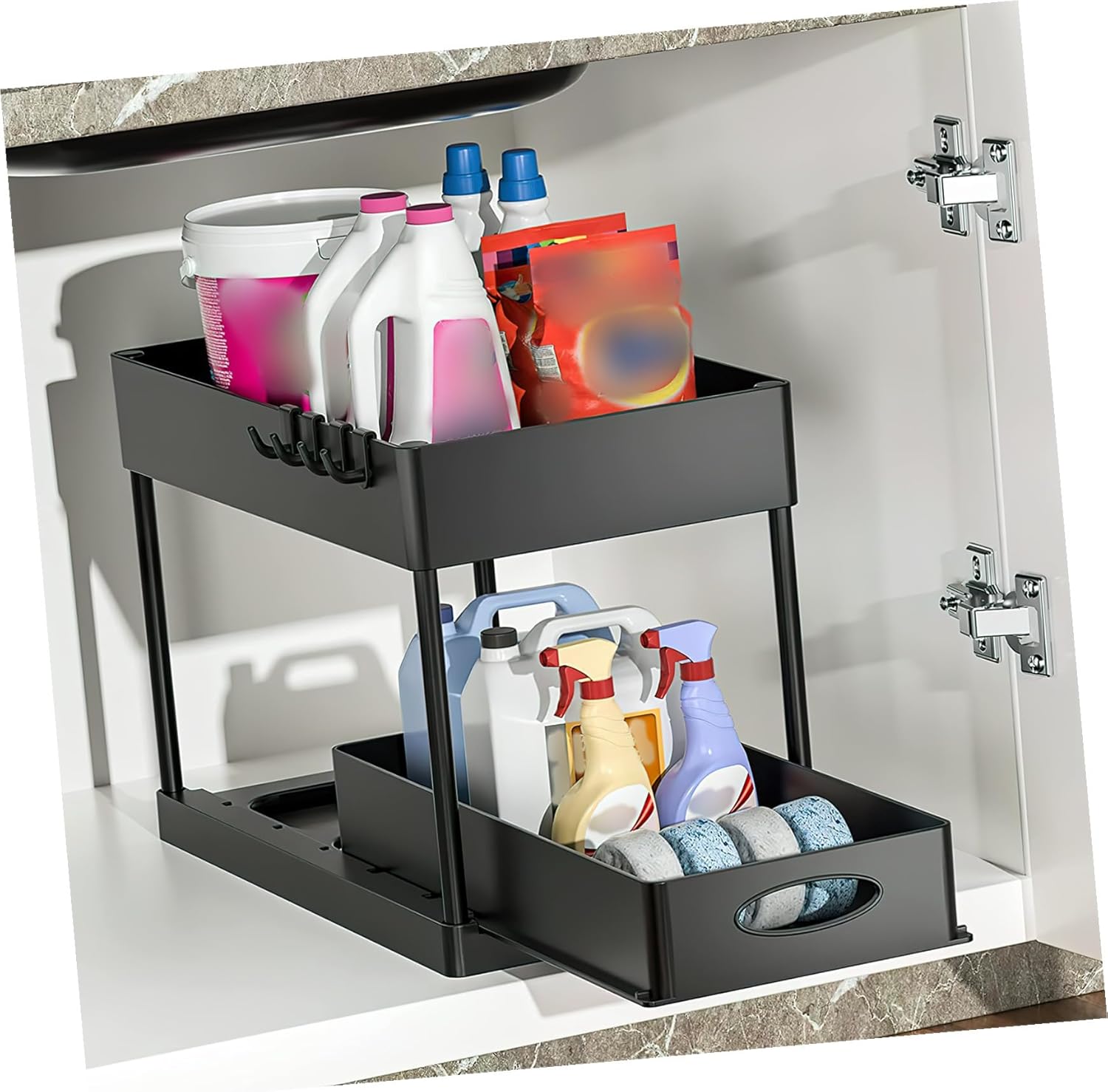 Under Sink Organizer Sliding Storage Rack Kitchen Cabinet Basket with Hooks and Cup Holder Black Abs Shelf for Bathroom and Kitchen Storage