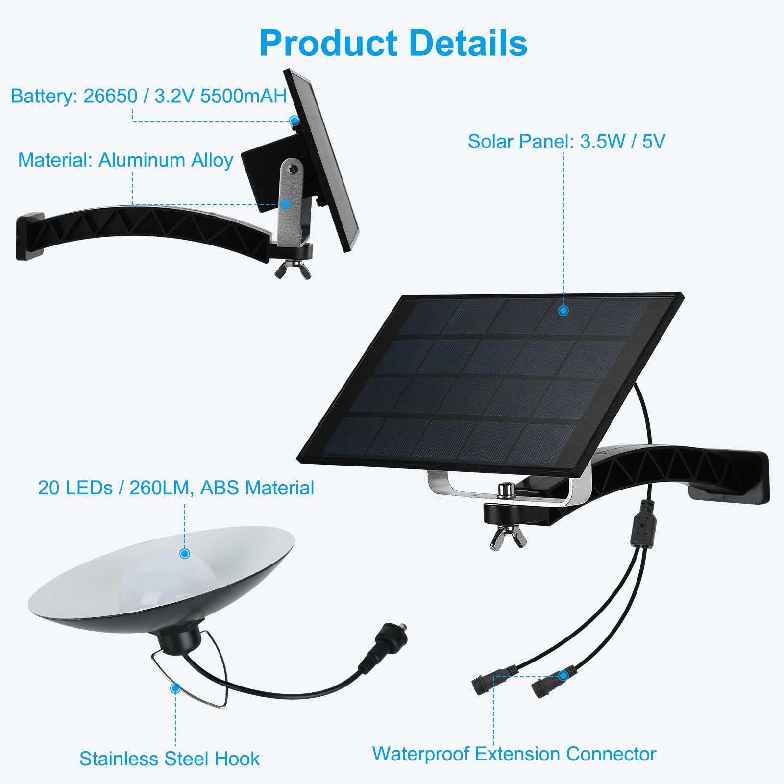 ENCOFT Lámparas solares para interior y exterior, lámpara colgante solar IP65, impermeable, para jardín, camping, con cable 3M con mando a distancia (2 luces, luz fría)