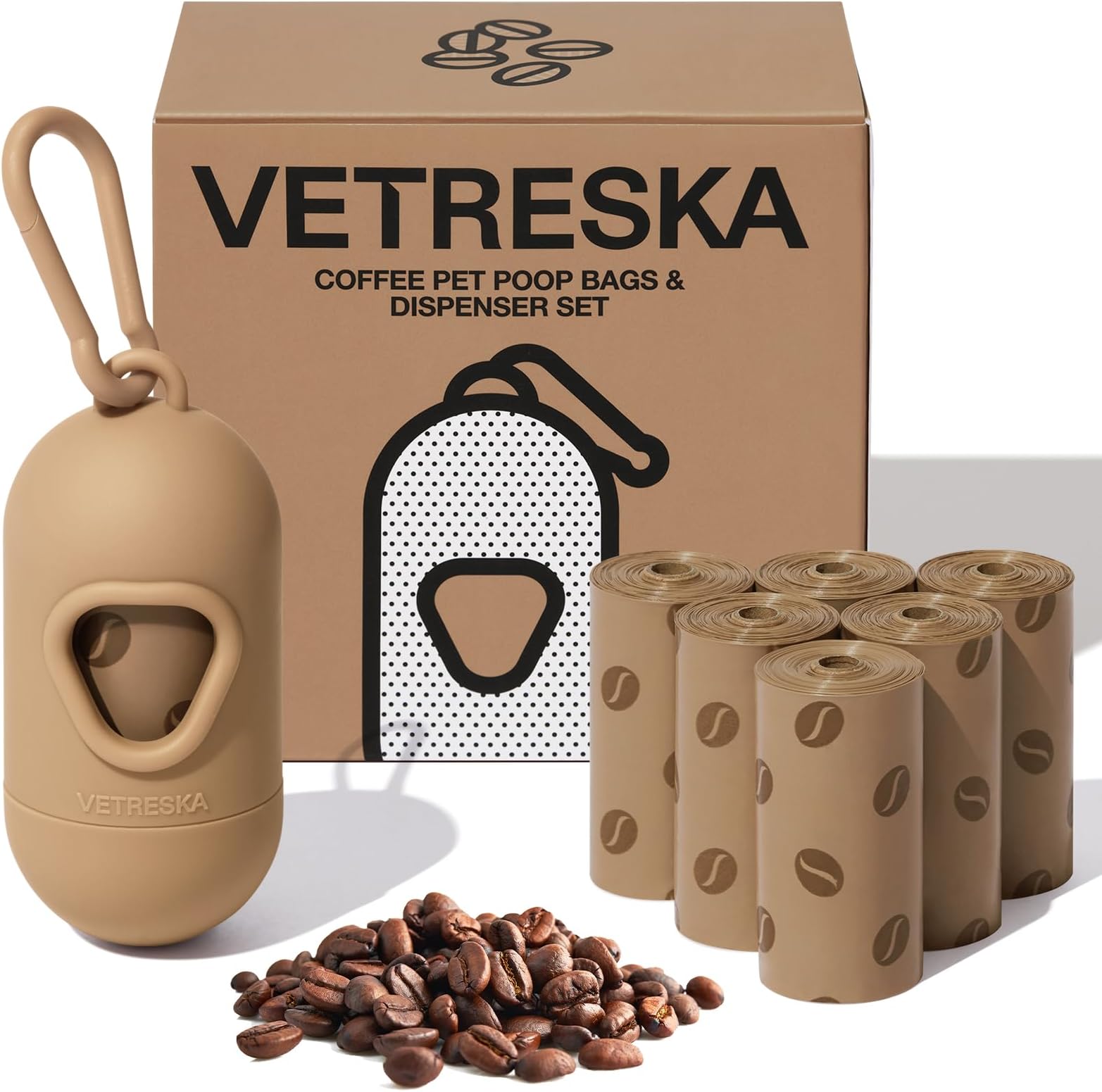 VETRESKA ペット用ウンチ処理袋 うんちが臭わない袋 コーヒーの香り 105枚入 袋ケース付き 詰め替えロール 防臭袋 猫 トイレ 袋 生分解性 サニタリー 袋 お出かけの携帯ゴミ袋 車内用 猫砂用 極厚ゴミ袋 漏れ防止 べトレスカ(7ロール+1 ディスペンサー)