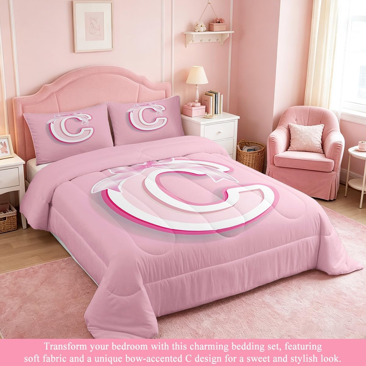 jejeloiu Pink Bow Bedding Set Gifts for Women Teen Girl Queen Size image 5
