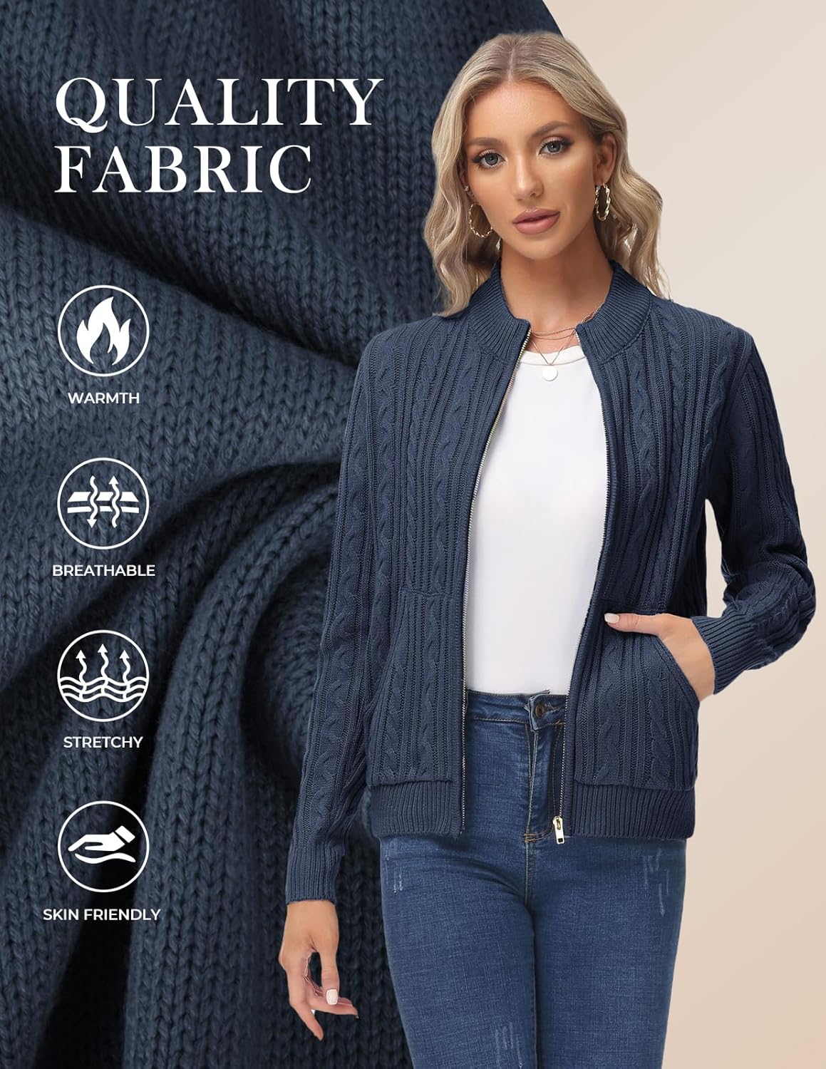 KANCY KOLE Women's Zip Up Sweaters Jacket, Cable Knit Chunky Cardigan Sweater with Pockets, Fall Winter Clothes