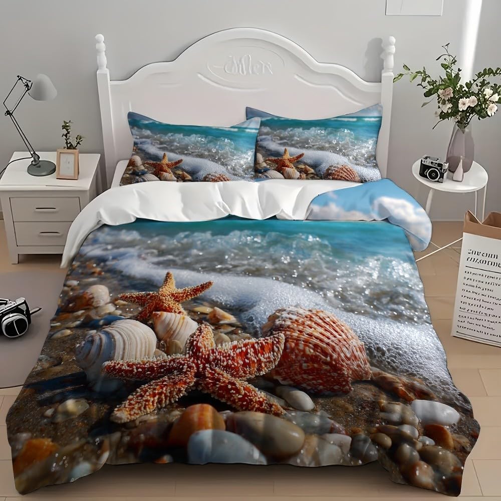 Komplet pościeli 3D, 200 x 200 cm, z mikrofibry, romantyczny motyw plażowy, poszewka na kołdrę z zamkiem błyskawicznym, miękka, hipoalergiczna, niebieska, zestaw pościeli dla dzieci, nastolatków