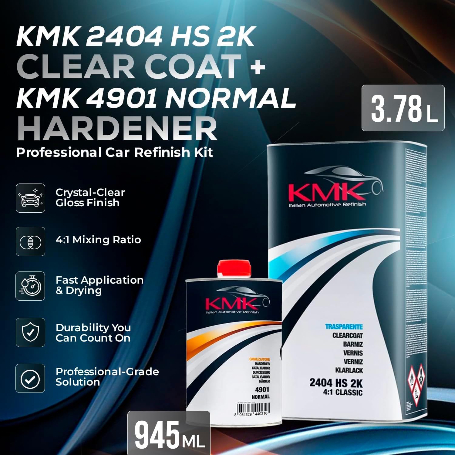 KMK 2404 HS 2K Acrylic Clearcoat 4:1 – 3L + 4901 Normal Hardener 945ml Kit – Durable High Gloss Finish – Easy Application – Professional Automotive Clear Coat System