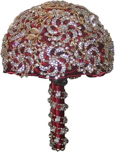 Miniatura 6 de Ramo de boda con diamante artificial de lujo dorado, juego que incluye ramos, flores de muñeca, ramillete para tu boda hecho a mano (dorado + rojo)