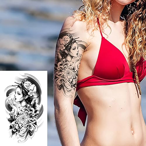 Miniatura 3 de 6 hojas de brazo falso impermeable cuerpo arte temporal tatuajes pegatinas negro japonés geisha samurai mujeres flor loto