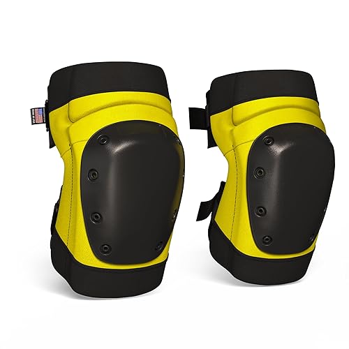 Rodilleras PRO Constructor Style con 3 niveles de protección, color amarillo, 1 par, tapa de plástico de soporte plano y cierres ajustables
