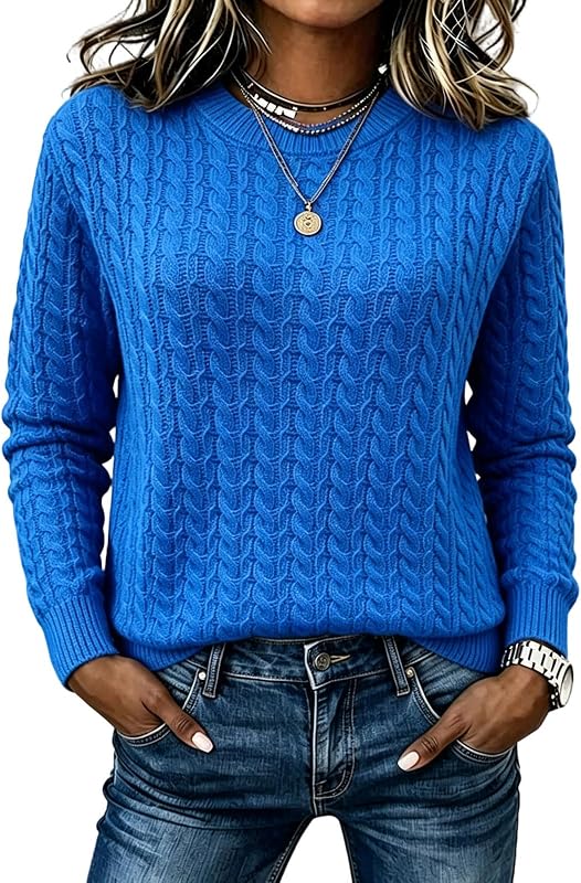 Jersey de punto trenzado de manga larga y cuello redondo JOAU para mujer