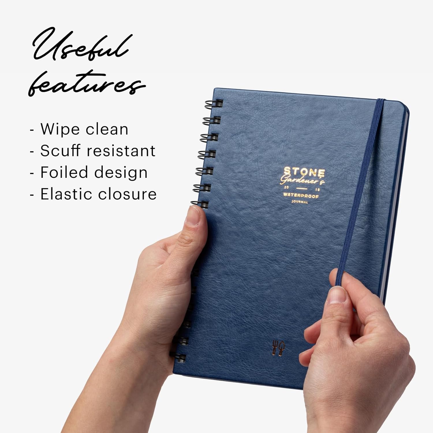 Stone Weatherproof Journal Gardening Notebook – A5 Ring-Bound, Vegan Leather Cover, Waterproof Paper, 128 Pages Half Grid & Dot Grid, Garden Planner with Plant-Spacing Resources (Navy Blue)