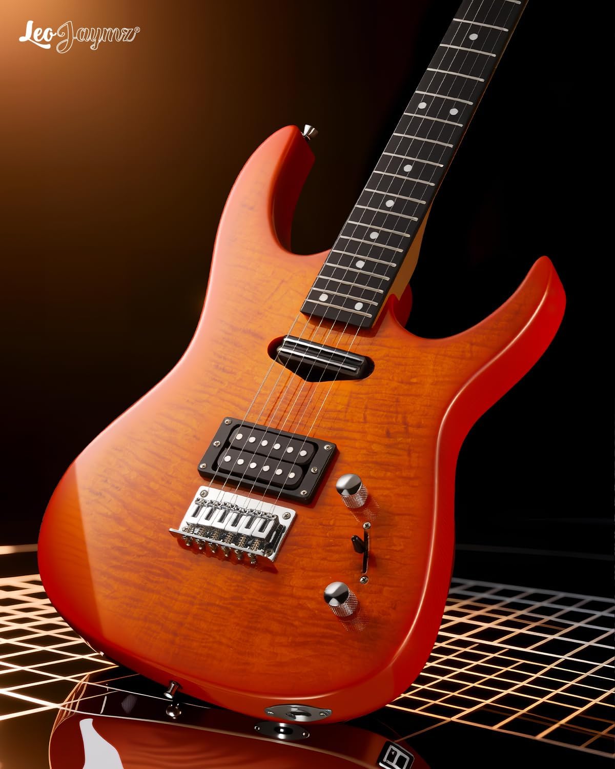 Leo Jaymz Electric Guitar,Thunderstorm ST Style Solid Body Electric Guitar, Flamed Maple Top, Purple Fixed Bridge, Railway Pickup, 24 Frets,for Beginner Student&Adult (Sunburst Flame)