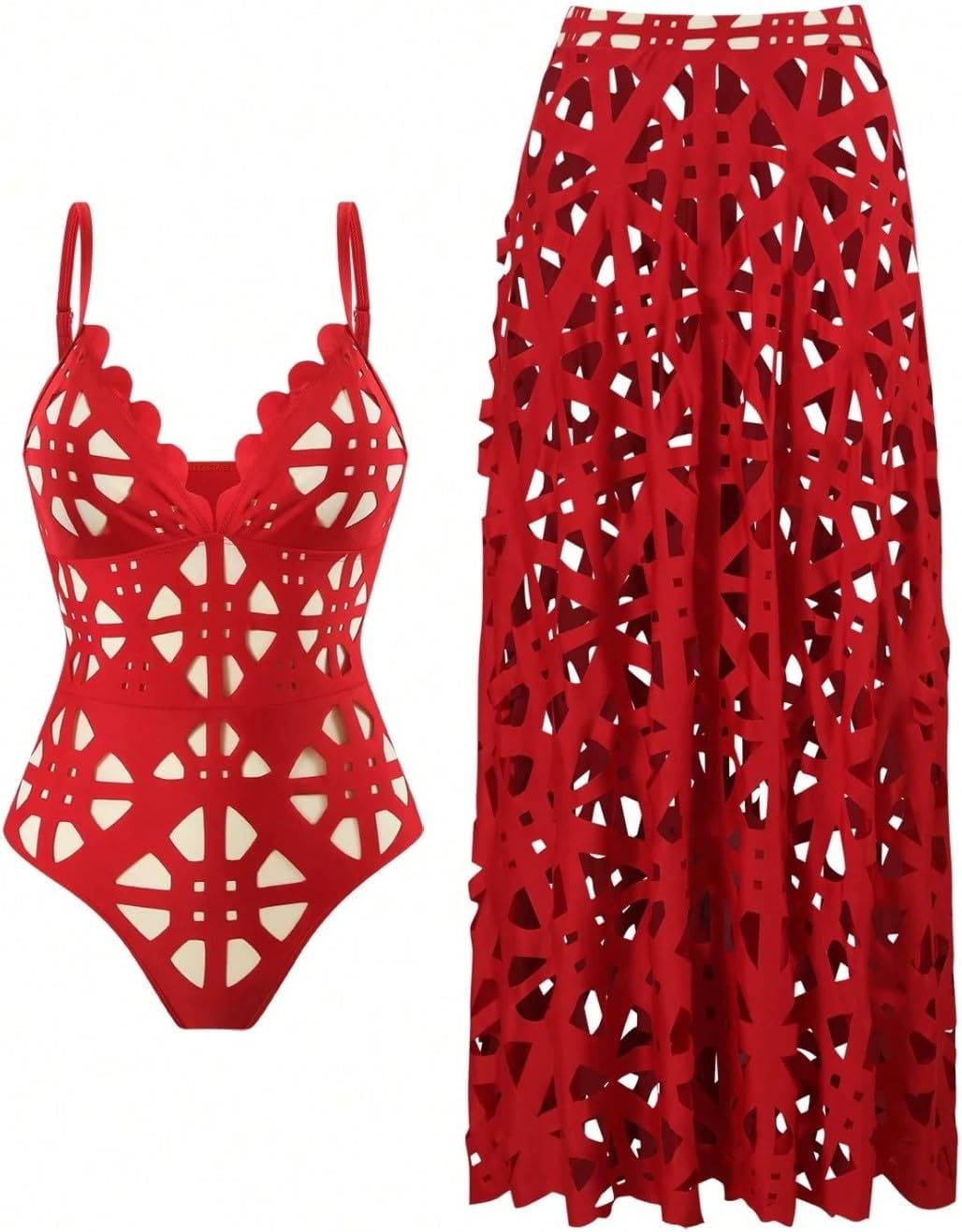 New Summer Women's Laser Cut Out Halter Sexy Hollow Out One Piece Swimsuit Skirt Set, Fashionable Pool Outfit