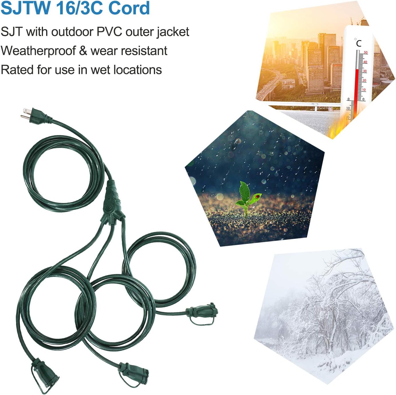 Outdoor Mechanical Power Stake Timer, Outdoor Extension Cord 1 to 3 Splitter, 3 Prong Outlets Plugs, Max 13ft End to End (25 FT Total)