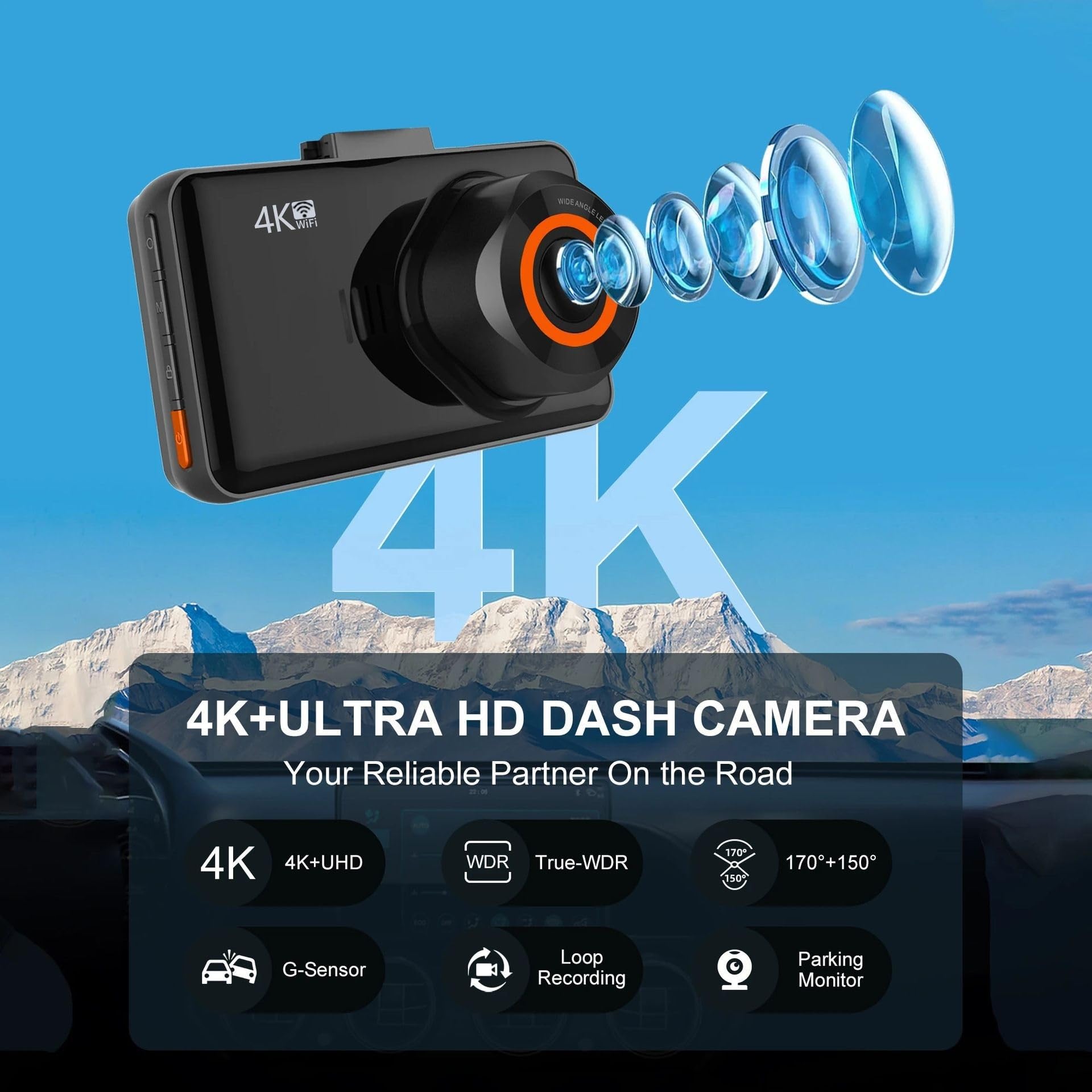 Kamera samochodowa, 2 Szt. Kamera 4K WiFi GPS Mini Wideorejestrator Samochodowy Przednia I Tylna Auto Night Vision WDR 24H Parking Czarna Skrzynka,dla samochodów