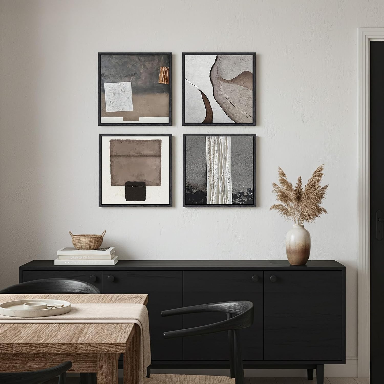 Framed Modern Abstract Wall Art for Living Room, 4 Piece Neutral Contemporary Brown Canvas Prints Artwork for Walls, Minimalist Geometric Square Wall Art for Bedroom Office Hallway, 12x12 Inch