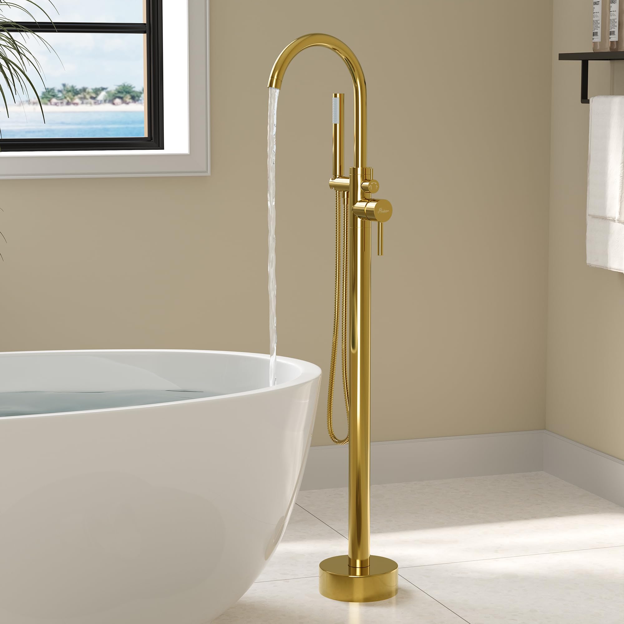 WINKEAR Freestanding Tub Filler With Handheld Shower - Brushed Gold Roman Bathtub Faucet, Floor Mount, 360° Swivel Spout