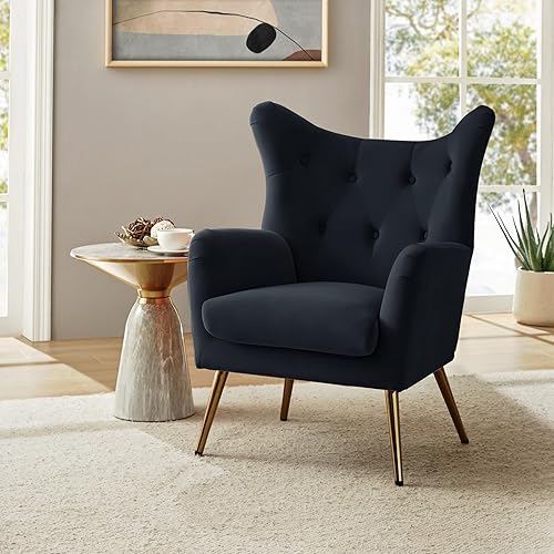 Miniatura 7 de Silla decorativa de terciopelo, moderna silla con brazo con respaldo de alas con patas de metal dorado, silla individual tapizada de terciopelo para