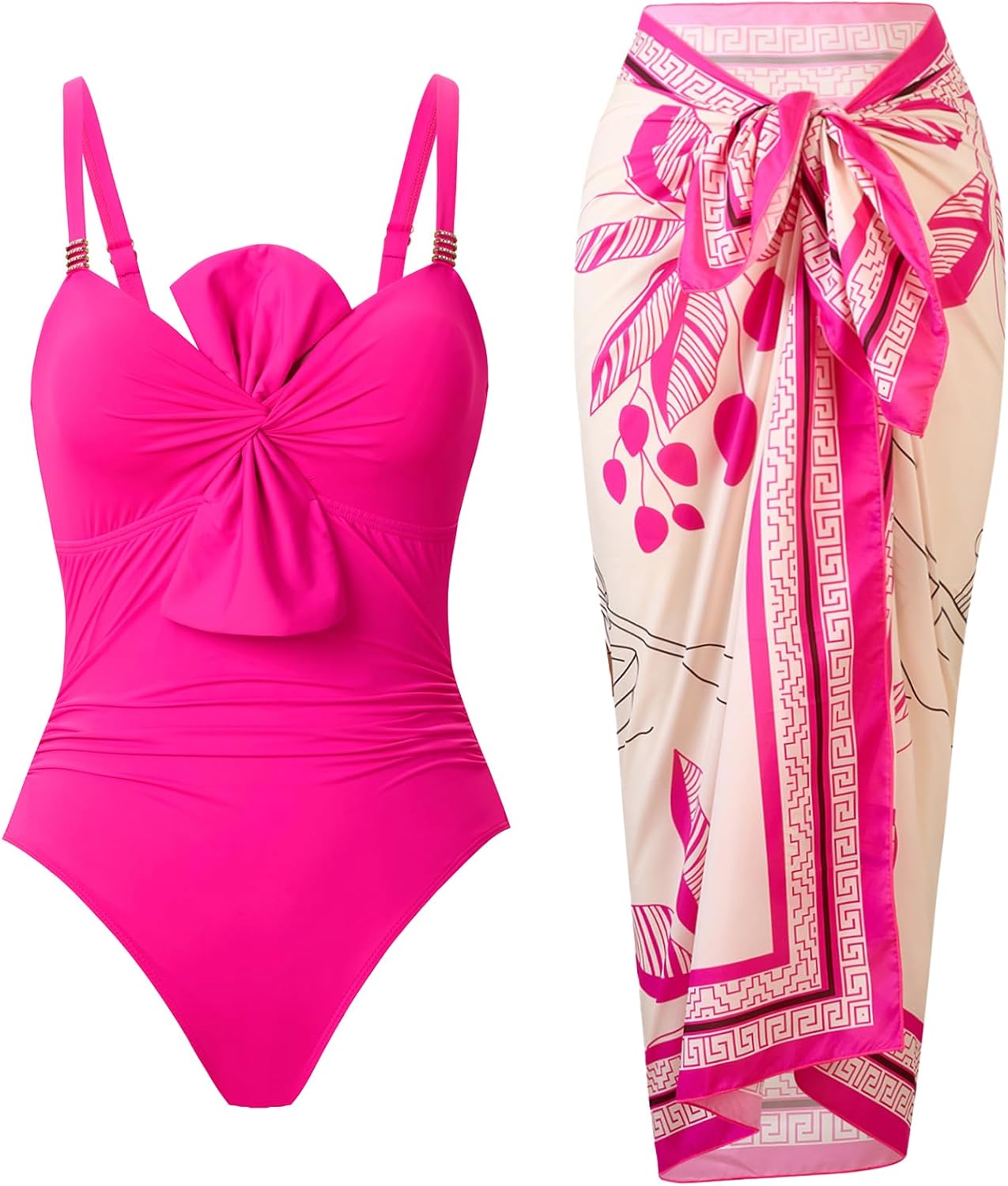 One Piece Swimsuit for Women with Cover Up Set Retro Bathing Suit Tummy Control Knot Swimwear Beach Wrap Skirt