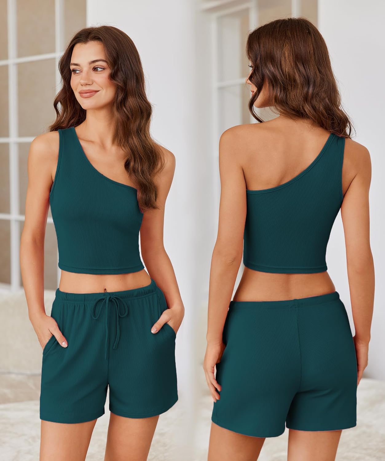 Ekouaer Womens 4 Piece Lounge Sets Ribbed Knit Crop Tank Top and Shorts Pants Casual Outfits - Image 3