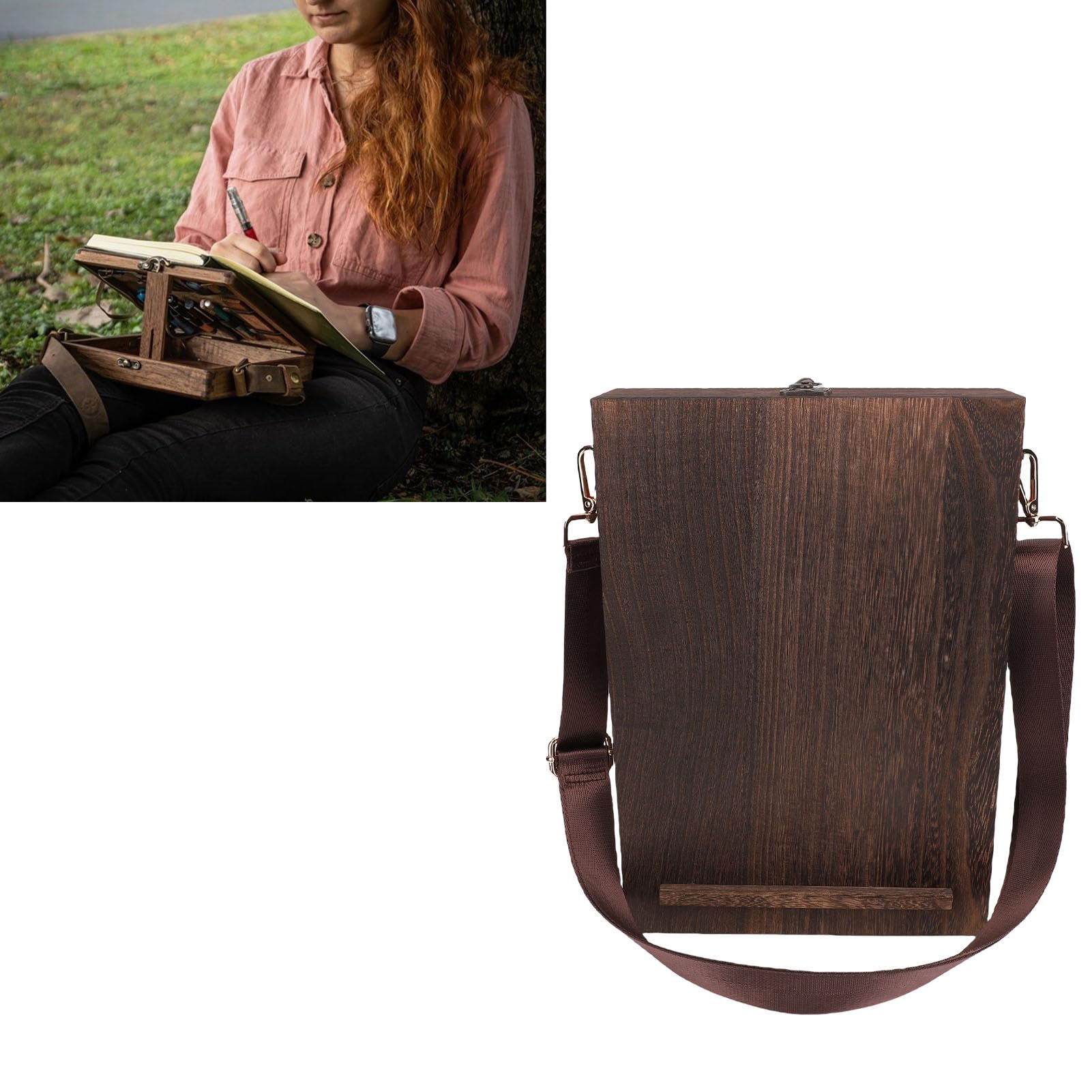 Eujgoov Boîte à Croquis en Bois, Sac à Outils D'artiste avec Chevalet A4, Boîte de Messager Faite à la Main pour les écrivains et les Designers