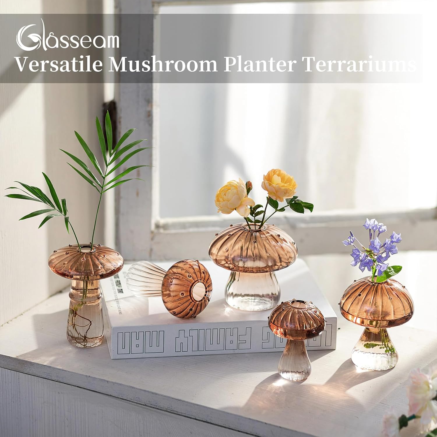 Glasseam Mushroom Plant Propagation Stations: Amber Glass Terrarium Jar Set of 5 Cute Planters for Indoor Plants Mini Propagate Station Unique Christmas Birthday Gifts for Women Home Office Decor - Image 3