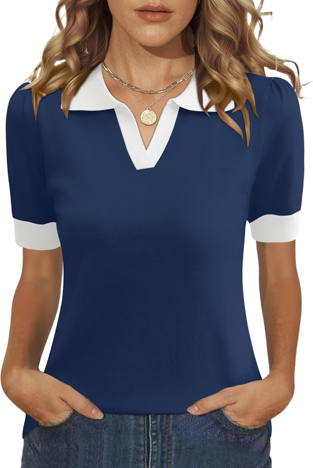 LOMON Womens Puff Short Sleeve Polo Sweater V Neck Knitted Tops Casual Ribbed Shirt Pullover Blouse