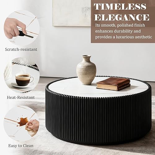 Miniatura 18 de Mesa auxiliar redonda moderna, mesa auxiliar de sofá de mármol sintético con base cubierta de cuero sintético en forma de cuenco, mesa auxiliar