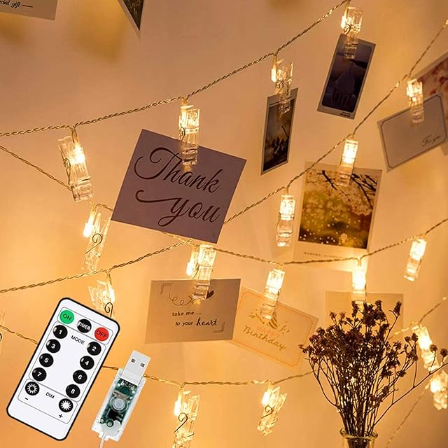 40 LED Photo Clip Fairy Lights, 20ft/6m 8 Modes with Remote USB Plug in Photo Peg String Lights for Indoor Bedroom Wedding Party Home Photo Wall
