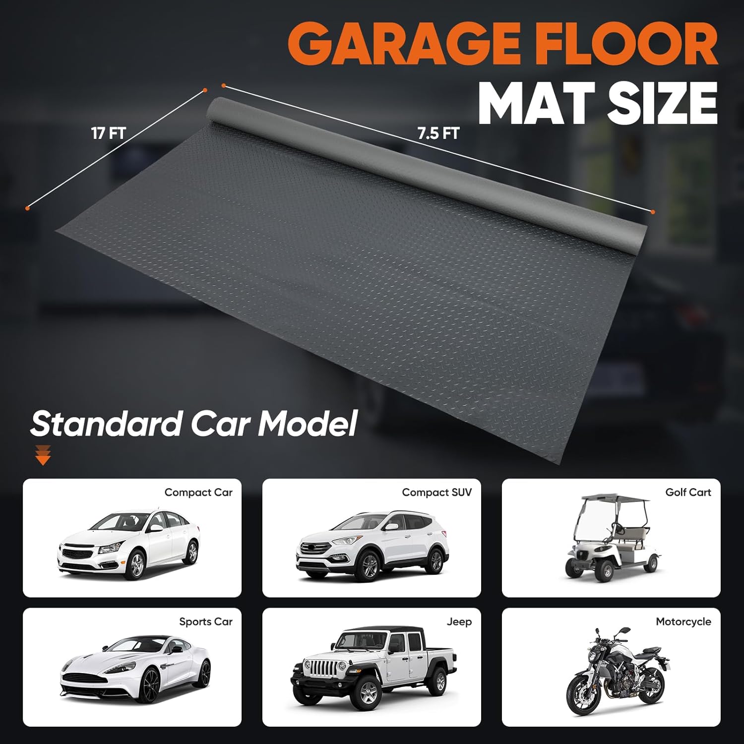 FAHKNS 7.5 X 17 FT Garage Floor Mat, Diamond Plate PVC Flooring Roll Thickened Garage Mats, Heavy Duty Parking Mat Waterproof Non-Slip Floor Protector For Car, Trailer, SUV, Basement, Gym, Shed (Grey)