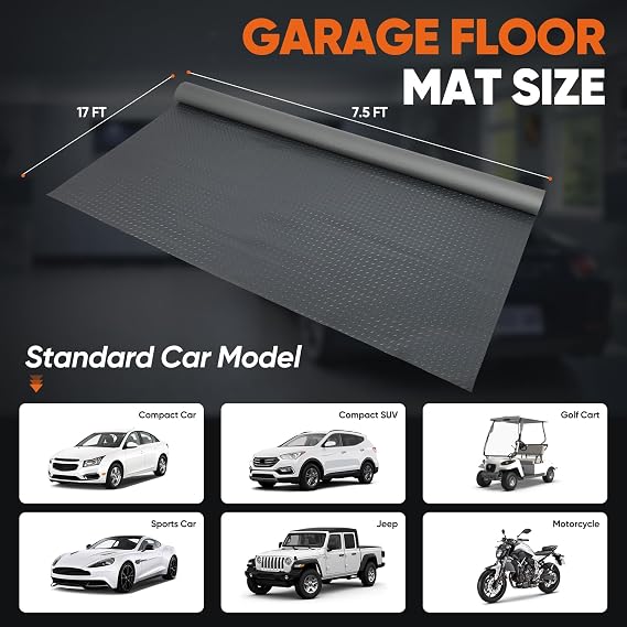 FAHKNS 7.5 X 17 FT Garage Floor Mat, Diamond Plate PVC Flooring Roll Thickened Garage Mats, Heavy Duty Parking Mat Waterproof Non-Slip Floor Protector For Car, Trailer, SUV, Basement, Gym, Shed (Grey)