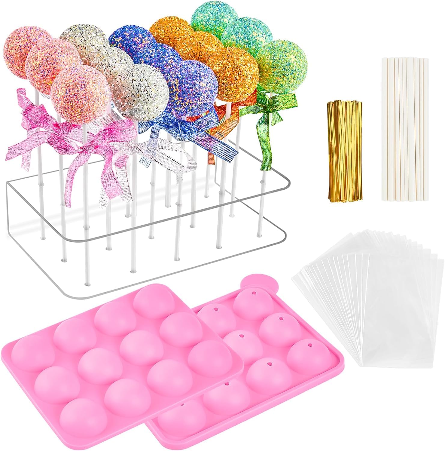 Cake-Pop-Set, Silikon-Backform mit 15 Löchern, Acryl-Lutscher-Halter, 50 Stäbchen,50 transparente Taschen und 50 Bindebänder für Lutscher, Schokolade, Süßigkeiten