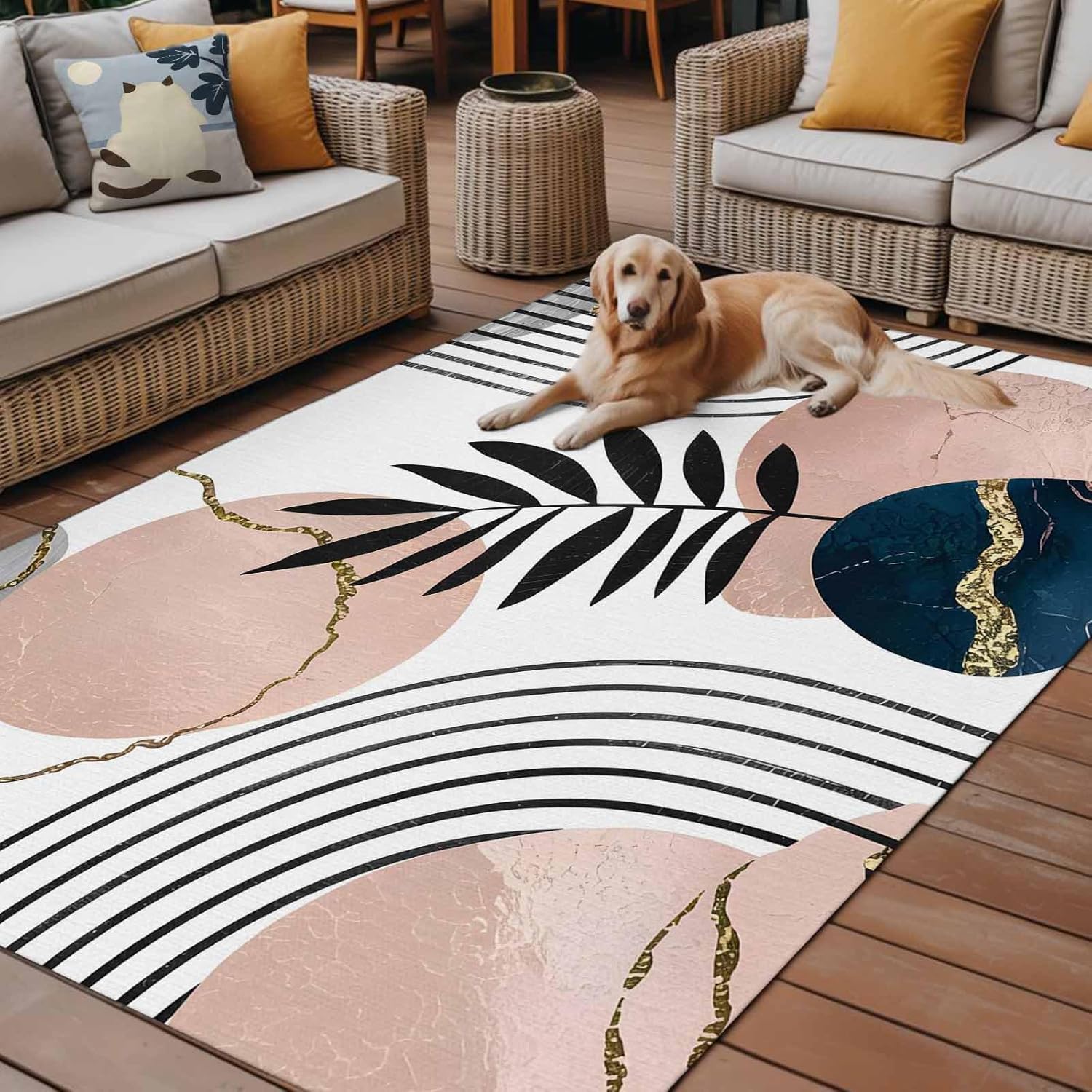 Modern Boho Geometric Outdoor Area Rug 4'x6',Patio Balcony Porch Front Door Camping Camper RV Deck Runner Rug,Washable Carpet Indoor Living Room Floor Mat Abstract Art Navy Pink Tropical Palm Trees