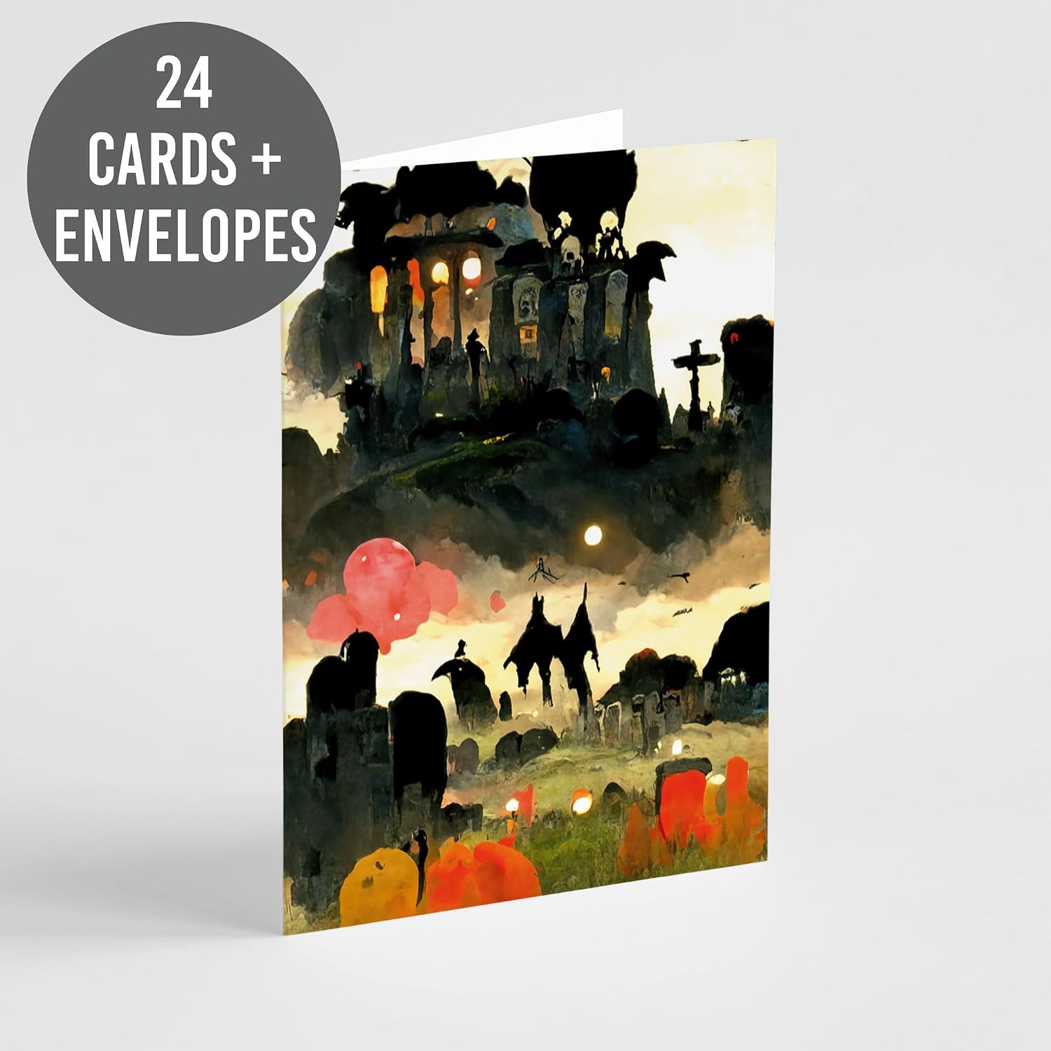 Ritzy Rose 24-Pack Blank Halloween Greeting Cards with White Envelopes Spooky Haunted House Stationery Gothic-Inspired Art, Cardstock for Halloween Night, Creepy Eerie Holiday Card Set, 4 Designs