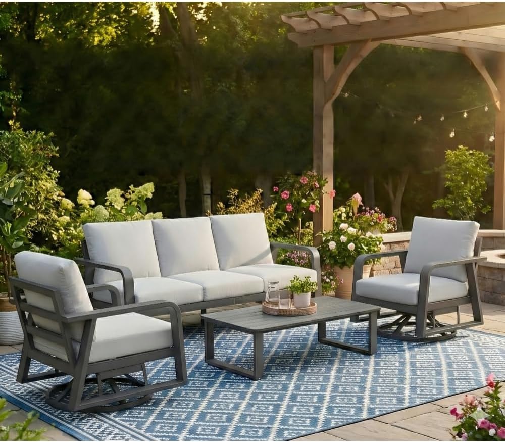 Aluminum Patio Set with 3-Seater Sofa, Two Swivel Rocking Chairs, and Coffee Table, All-Weather Outdoor Furniture with Memory Foam Cushions for Patio, Deck, Garden, or Porch
