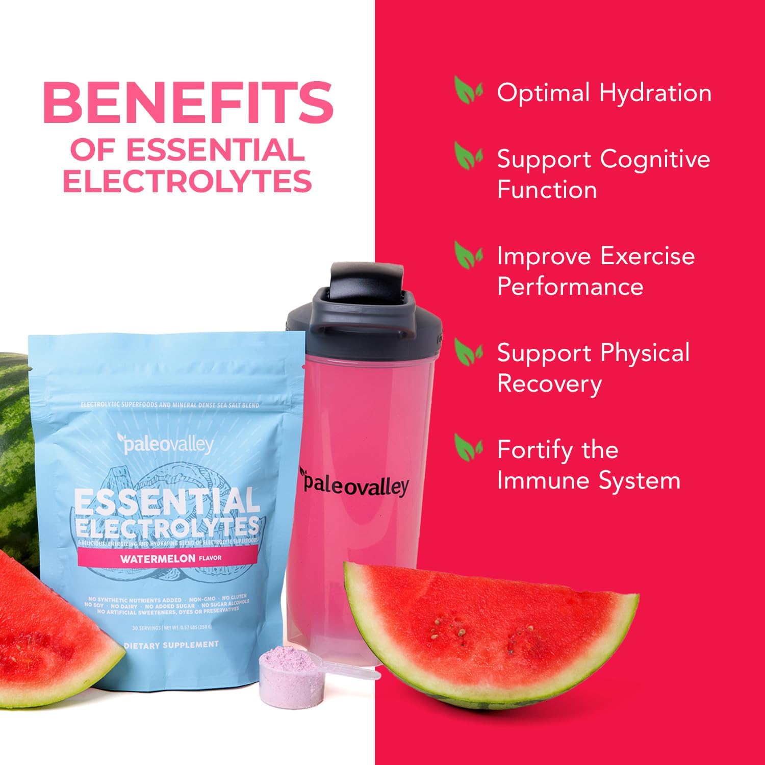 Paleovalley Essential Electrolytes Powder - Full Spectrum Watermelon Electrolyte Powder for Hydration, Energy and Muscle Recovery - No Sugar Added - 30 Servings