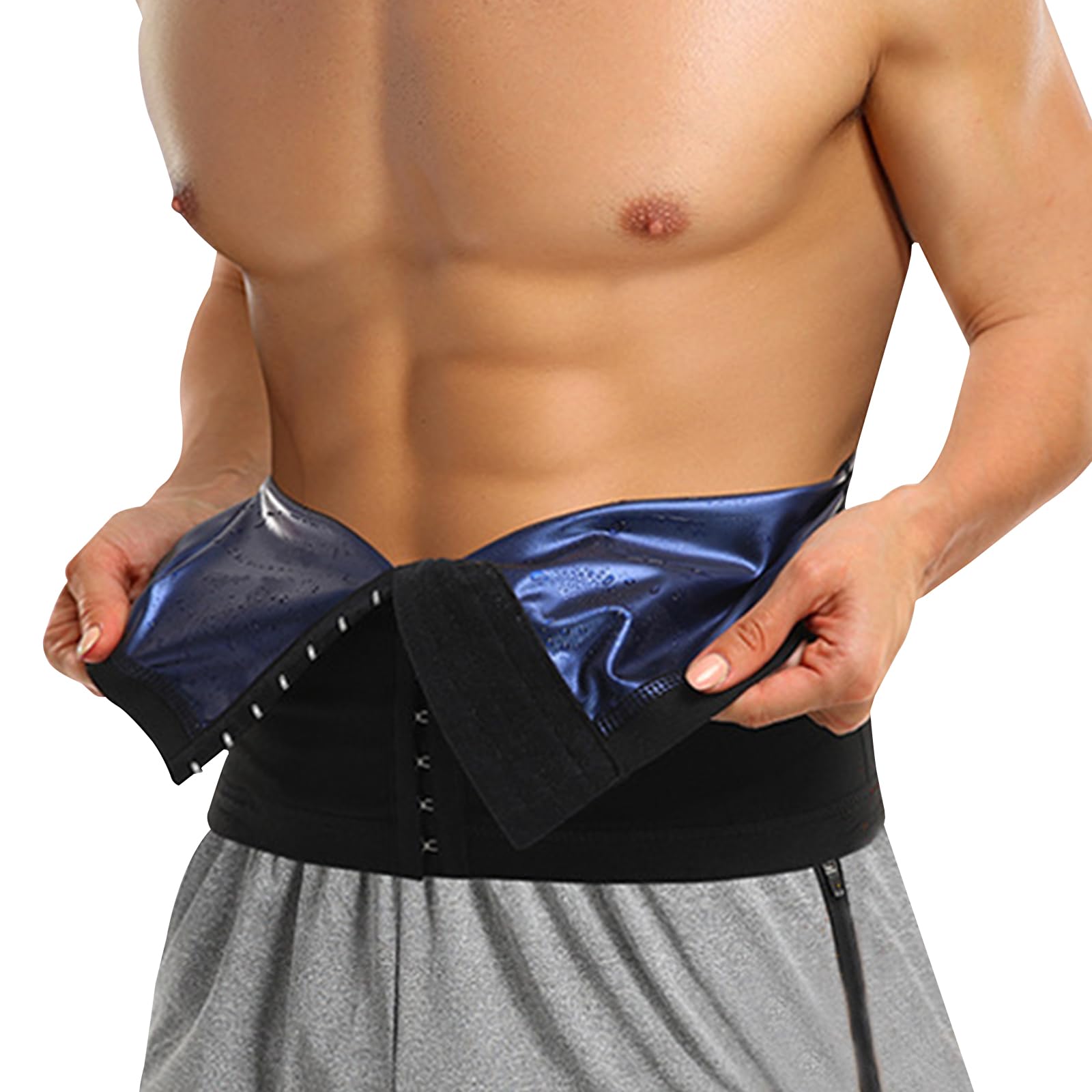 GENEMEN Mens Sauna Belt Sweat Waist Trainer Trimmer Shapewear Slimming Clothes Belly Belt Fat Burner for Men (Blue Button, S/M)