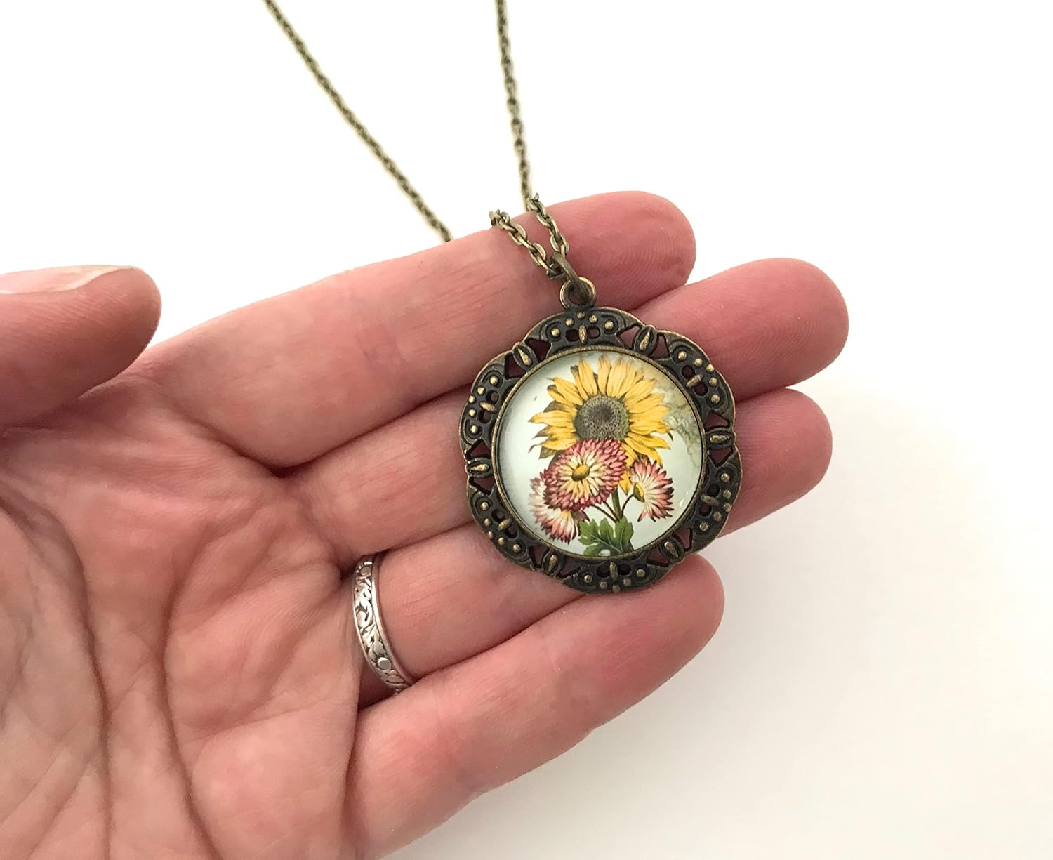 Fern & Filigree Sunflower Necklace for Women - Colorful Pendant with Flowers - Handmade - Vintage Illustration - Image 3