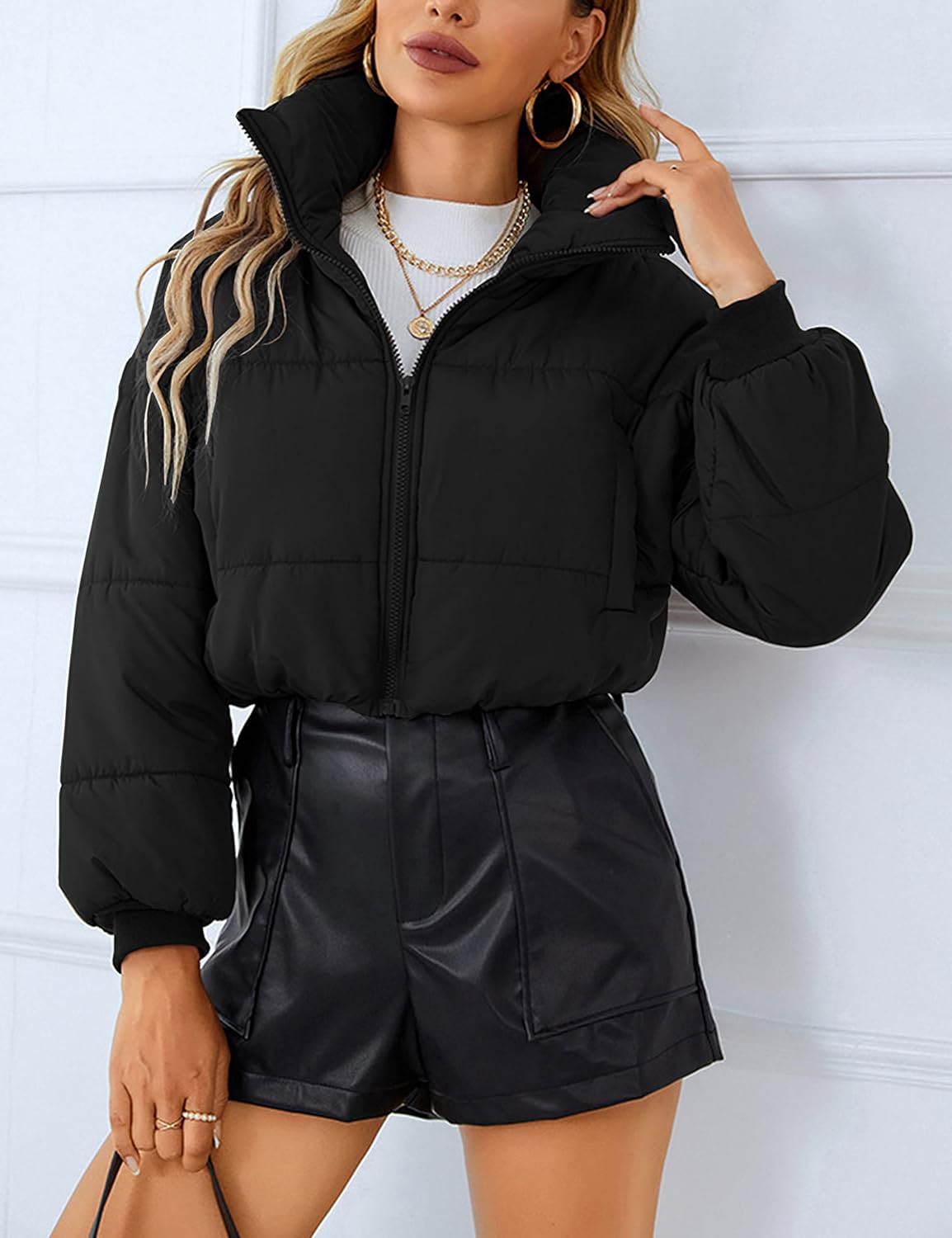 Lumister Womens Lightweight Quilted Jacket Long Sleeve Stand Collar Zipper Cropped Puffer Jacket Coat - Image 2