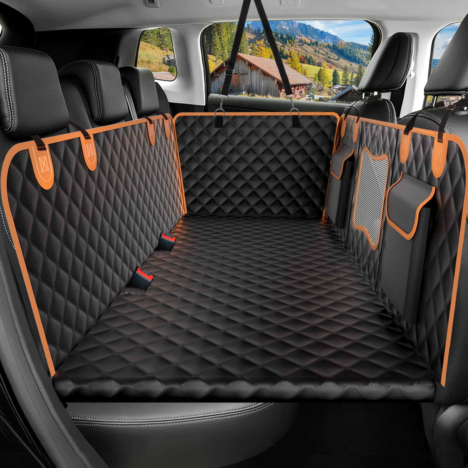 Chioratree Dog Car Seat Cover for Back Seat Hard Bottom - Waterproof Back Seat Extender for Dogs Holds 500 lbs, Scratch-Proof and Anti-Slip Dog Hammock for Car, SUV, Small Truck, Black Orange