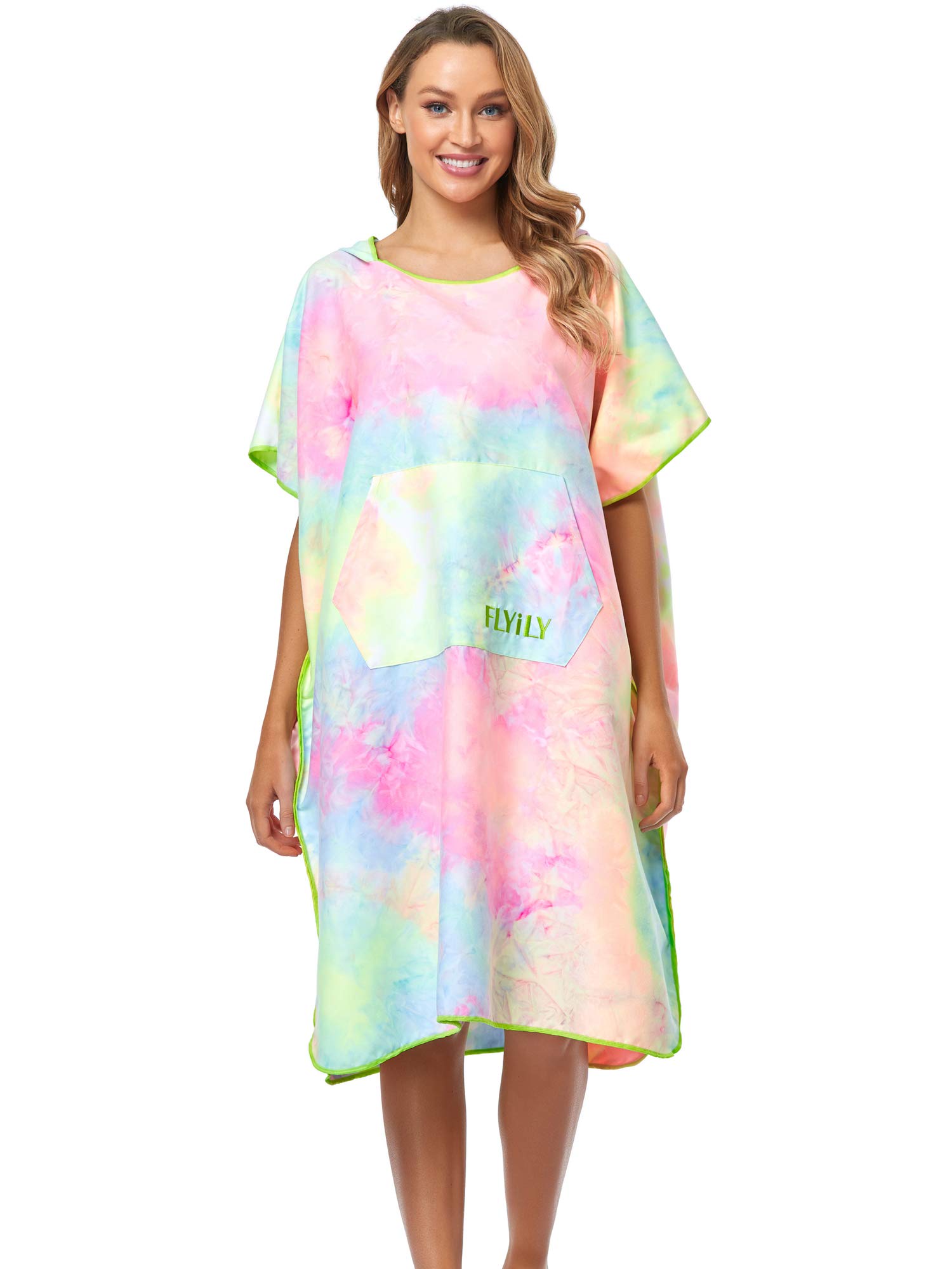 FLYILY Beach Changing Towel Surf Poncho Robe Hooded Wetsuit Adjustable Sleeves Surfing Swimming Bathing (TieDye01, Large - Fit For Men&Women