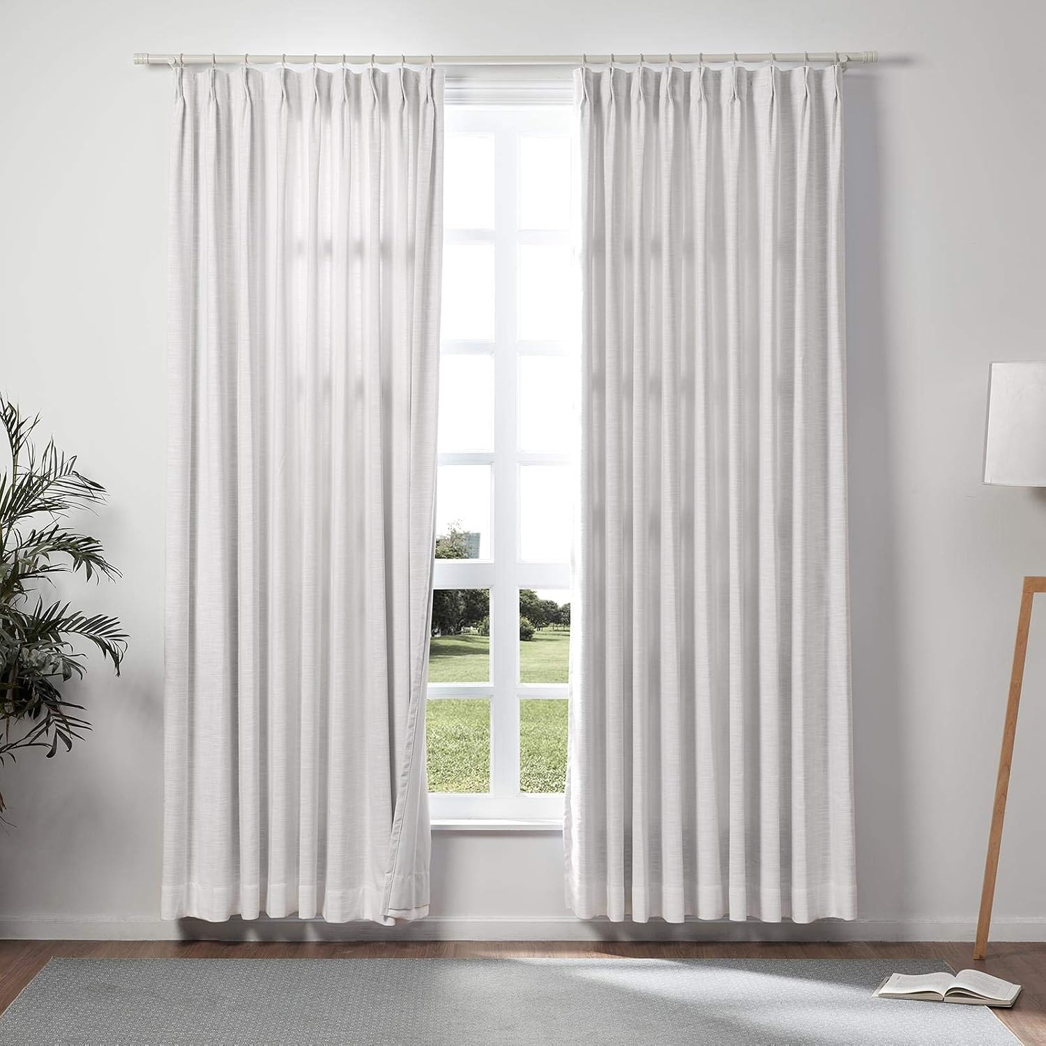 ChadMade Extra Wide Curtain 100" W x 102" L Polyester Linen Drape with Blackout Lining Pinch Pleat Curtain for Sliding Door Patio Door Living Room Bedroom, (1 Panel) Snow White Tallis Collection