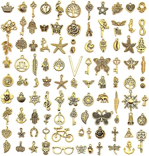 Kinteshun Surtido de pulseras y collares colgantes para hacer joyas de bricolaje (100 unidades, tono dorado)