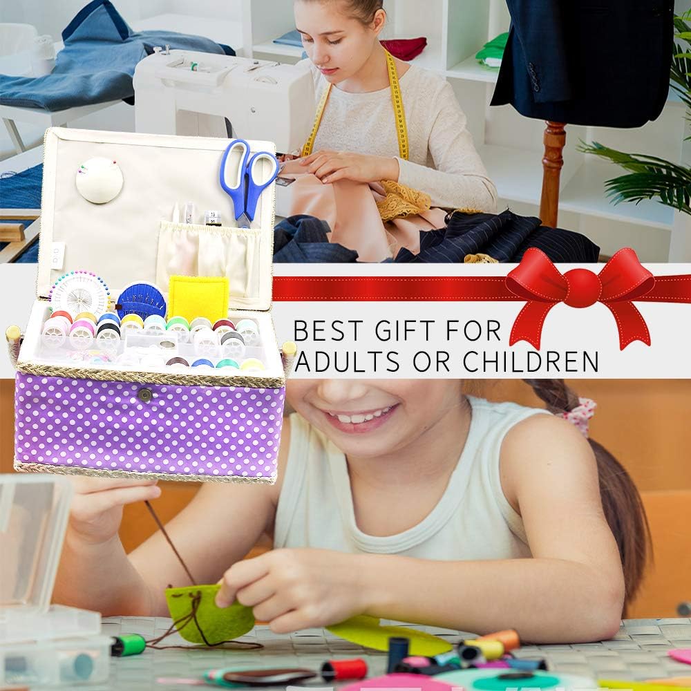 Large Sewing Basket with Accessories,Wooden Sewing Organizer Box for Sewing Supplies and DIY Crafting Tools Storage,Sewing Kit Tools for Sewing Mending,Polka Dots (purple)