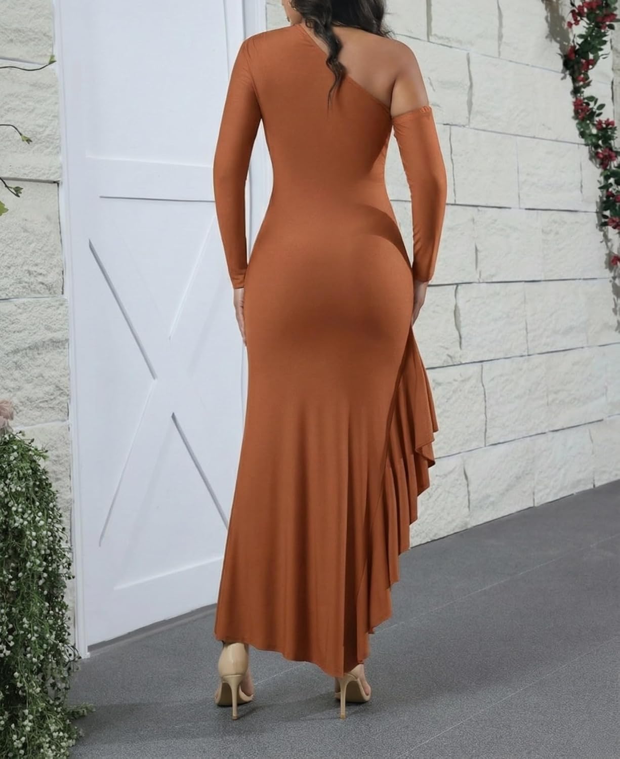 ENOPINK Women's One Shoulder Long Sleeve Formal Cocktail Wedding Guest Maxi Dresses Sexy High Slit Bodycon Evening Gowns - Image 6