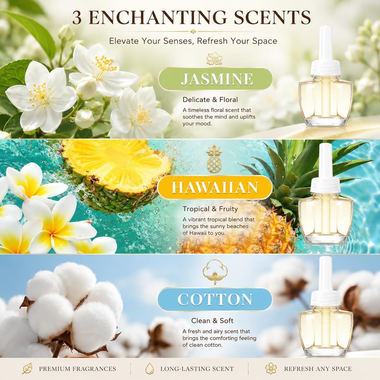 Plug In Air Freshener Refills, Compatible with Air Wick & Glade, Hawaiian Jasmine Cotton Scent, 7.92 Fl Oz, for Home, Bathroom, Bedroom, Office