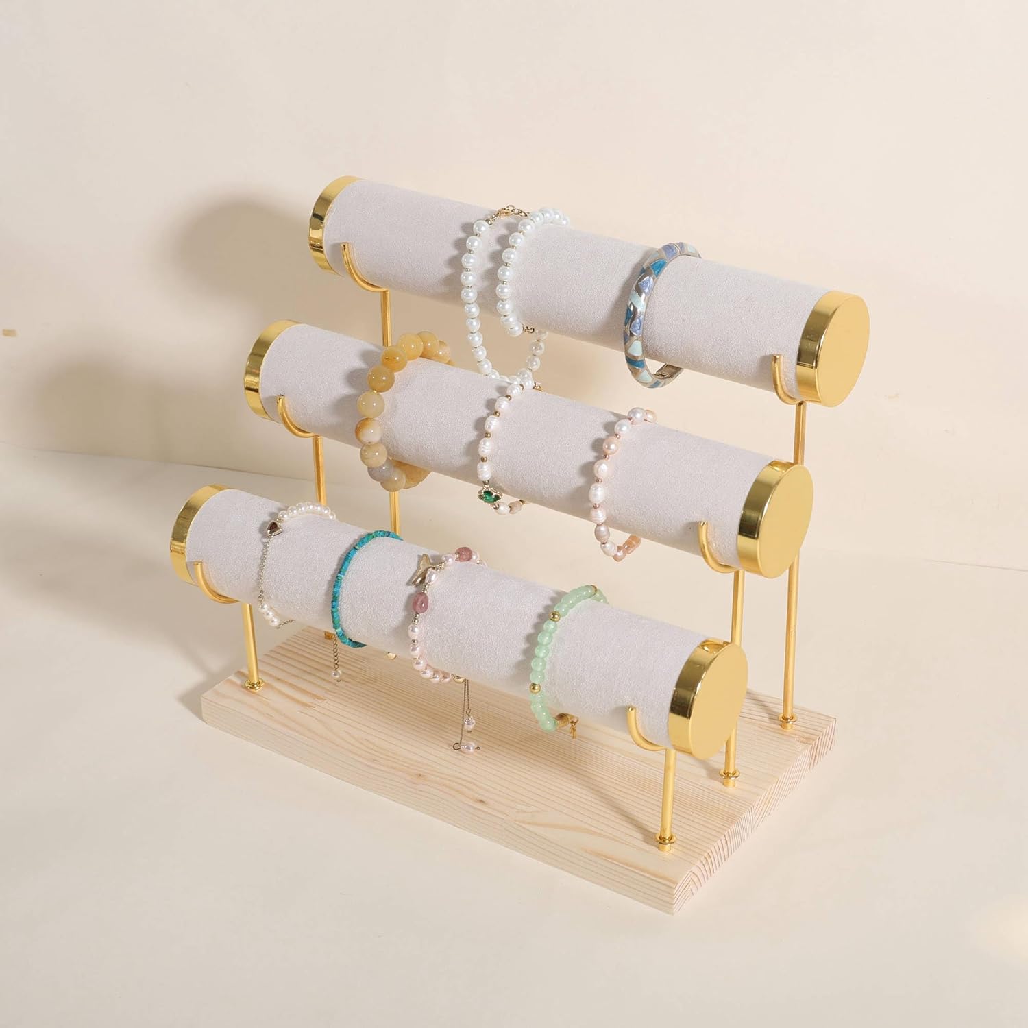 GemeShou Velvet Bangle storage oragenizer for selling, Beige bracelet storage rack for boutique store, Velvet wrap watch holder with wooden base for women girls【Bracelet holder-three tiers】