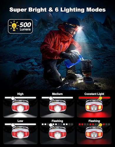 Miniatura 2 de Linterna frontal recargable, lámpara LED ultra brillante con 4+2 modos, faro ajustable de 45 con luz roja, linterna ligera impermeable IPX4 para