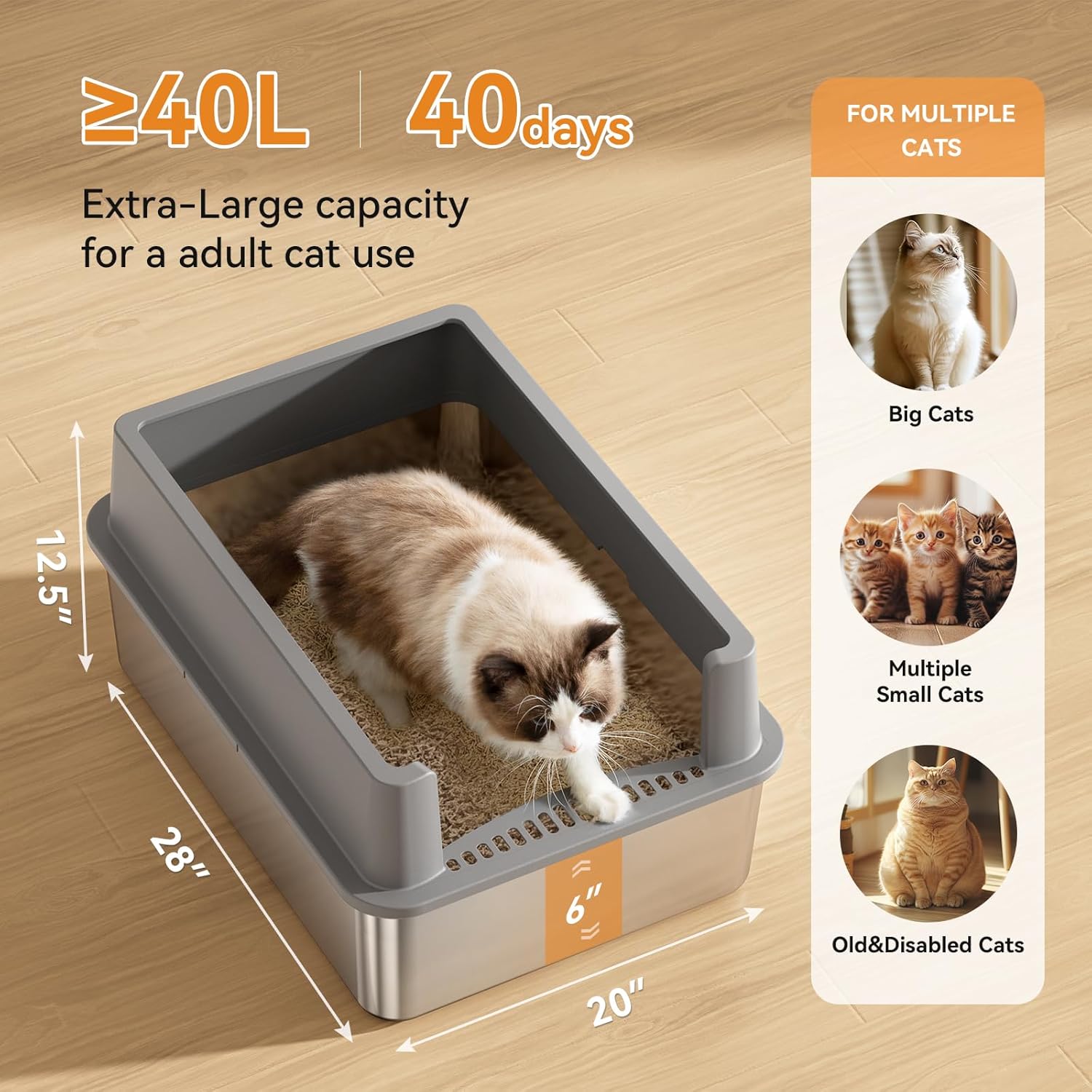 Extra Large Stainless Steel Cat Litter Box with Lid – Large Capacity for Big & Multiple Cats, Anti-Leakage, Non-Stick Surface for Easy Cleaning, Odor-Resistant, Include Scoop