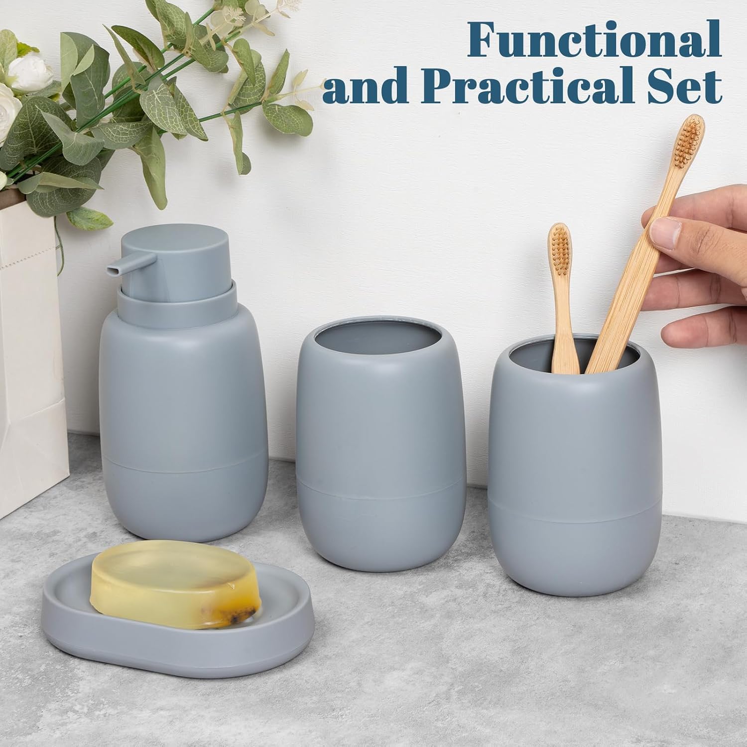 4 Pcs Bathroom Accessory Set Complete Bath Ensemble with 18 oz Soap Dispenser Tumbler Soap Dish Modern Decor Vanity Countertop Set for Bathroom