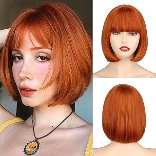 Short Ginger Bob Wig for Women With Bangs, Straight Natural Synthetic Wig for Cosplay Party