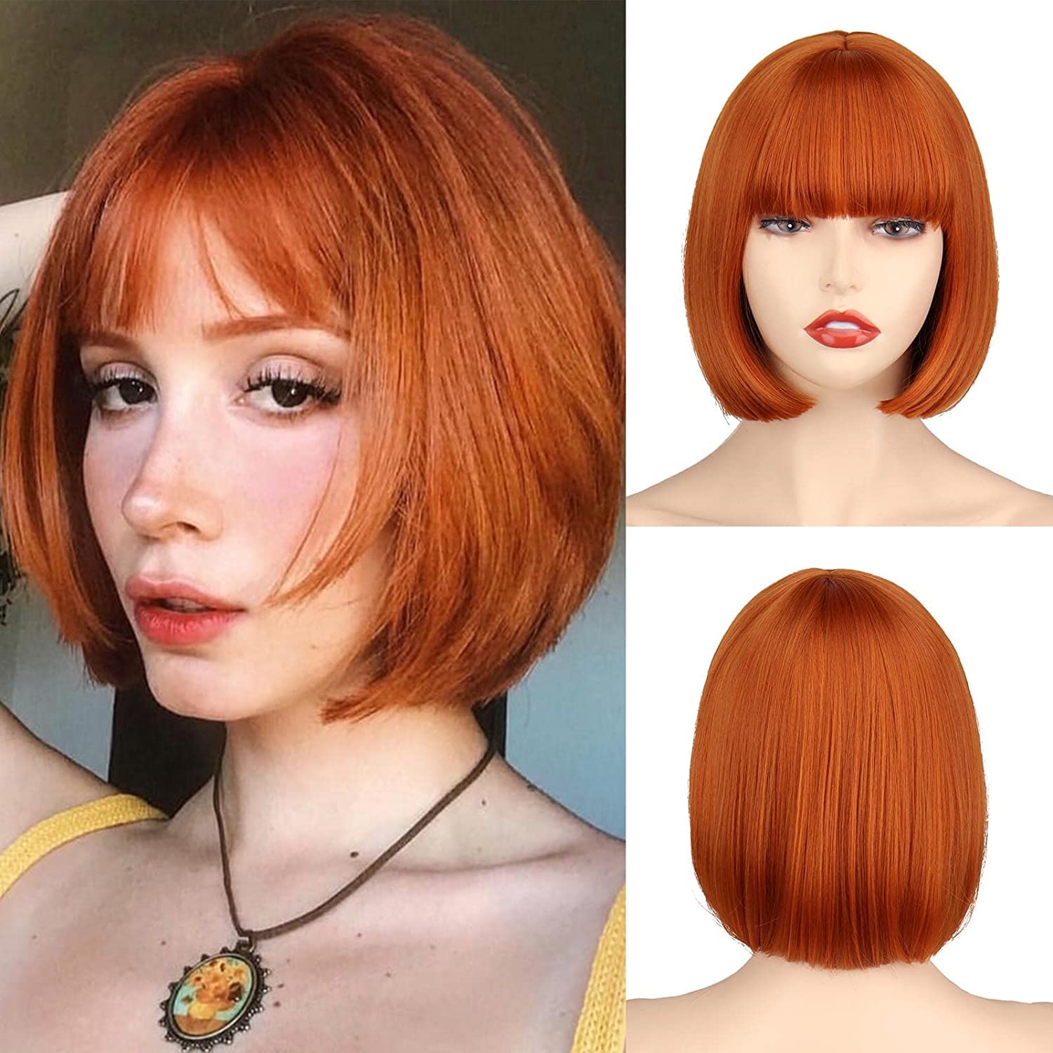 YHRY Short Ginger Bob Wig for Women,Ginger Bob WIig with Bangs, Straight Ginger Wig Natural Synthetic for Cosplay Party (Ginger)