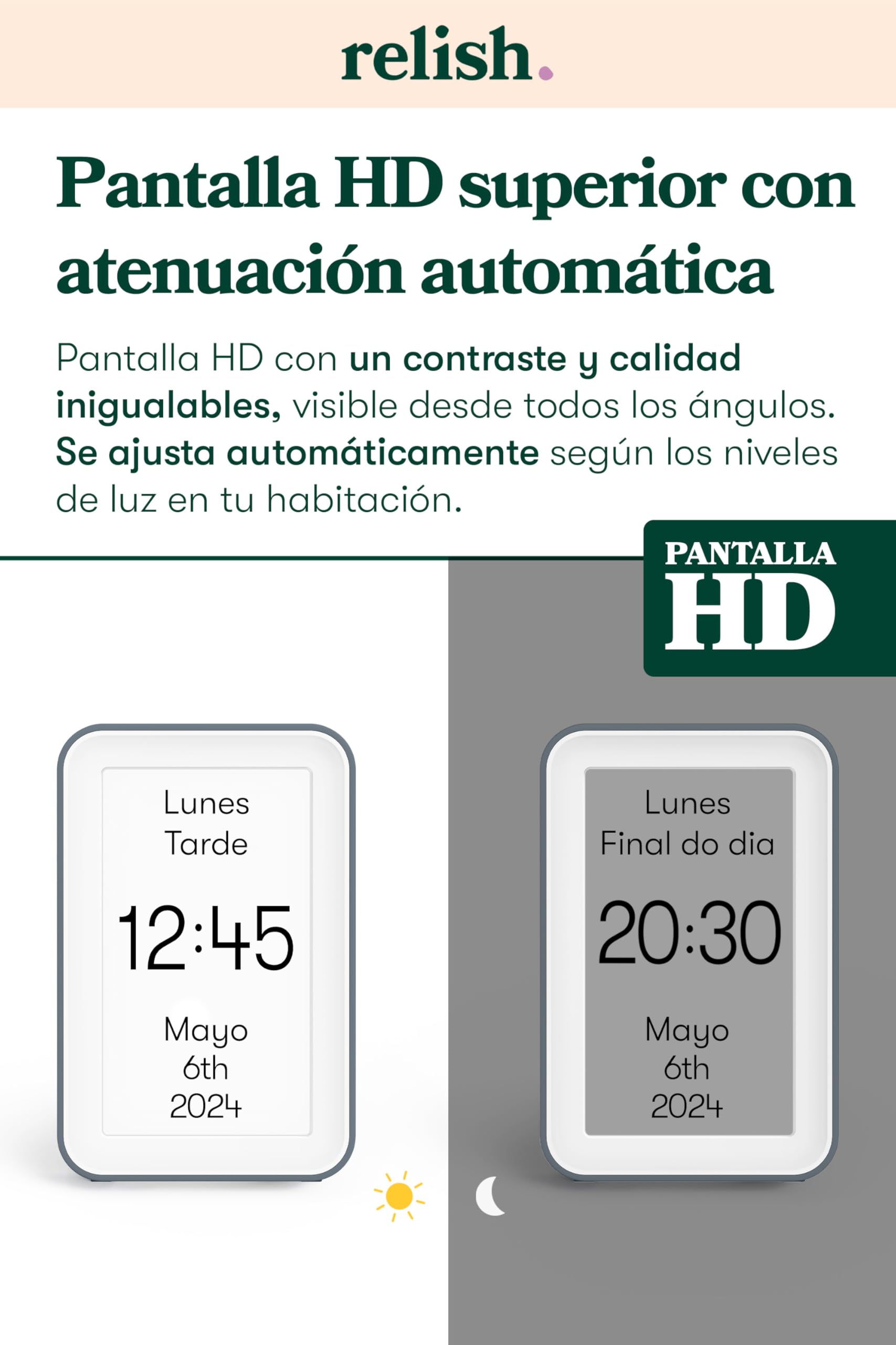 Relish - Reloj de demencia con conexión de día, calendario digital con día, fecha y hora, pantalla grande clara, opciones personalizadas